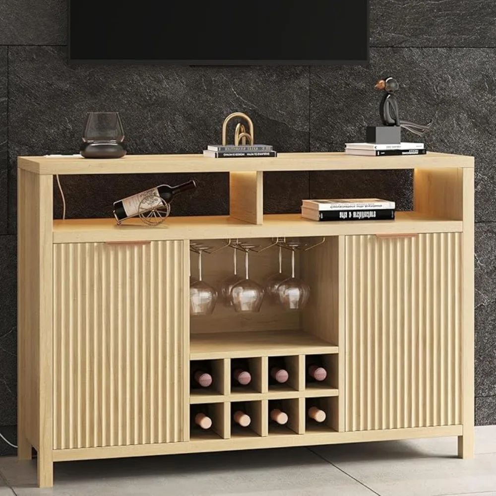 Fluted Home Bar Wine Cabinet with LED Light, Charging Station, Wine Rack - Buffet Cabinet with Storage, Coffee Bar Table, 47.2