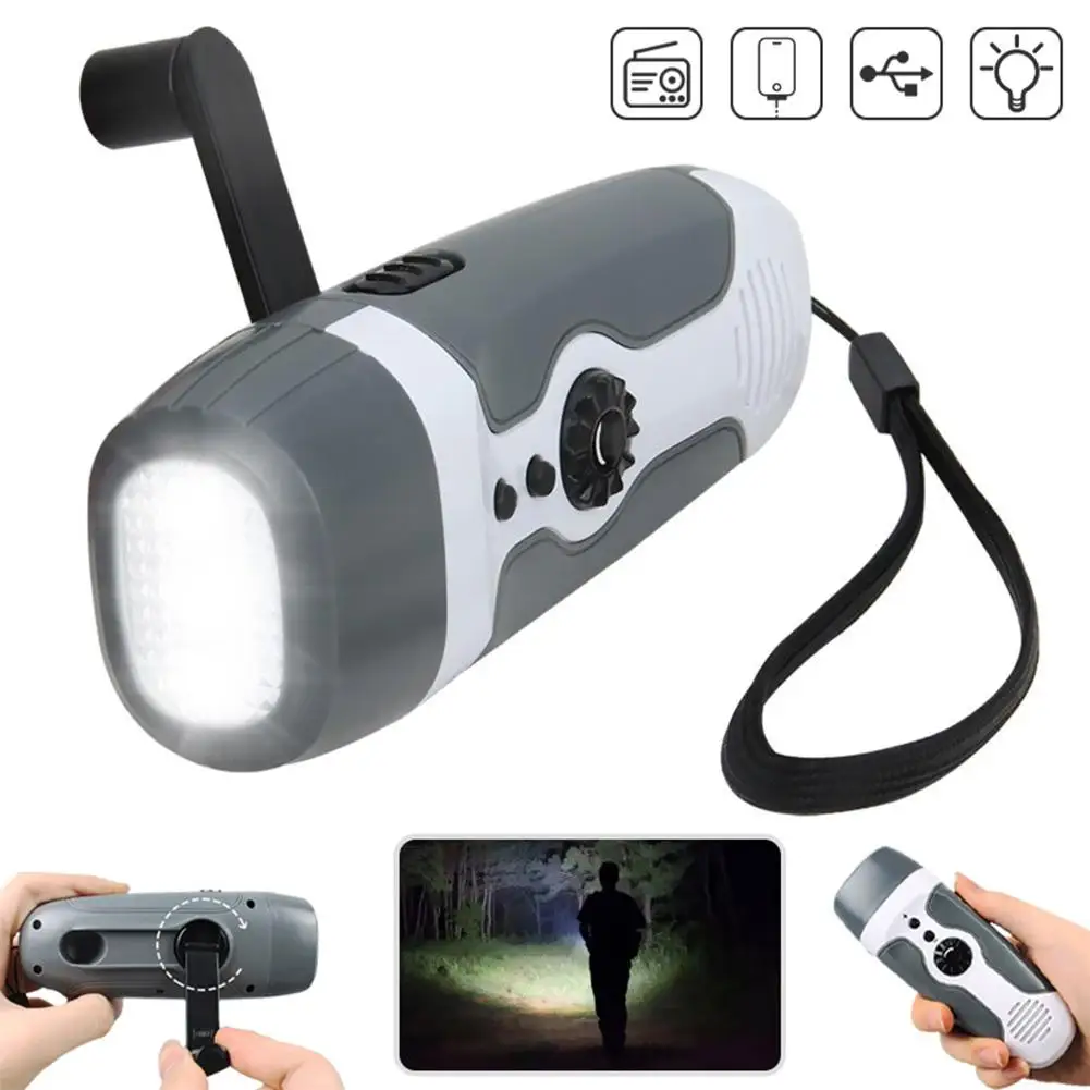 Lampe de poche LED aste USB portable d'urgence, lampe de poche, générateur de manivelle, dynamo, radio FM, charge du matin, offre spéciale