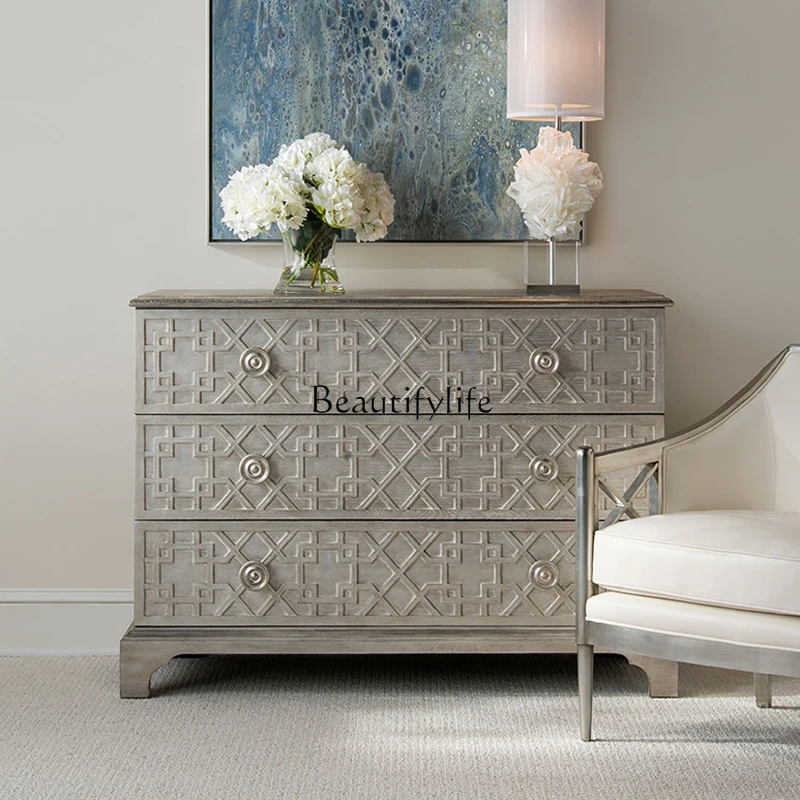 

Modern American light luxury silver old three-bucket cabinet entrance solid wood edge cabinet