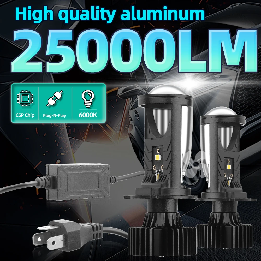 2Pcs 120W H4 Mini Projector Lens LED Headlight Bulbs Canbus 25000LM H4 High Low Beam Spotlight LHD With Fan 6000K 12V 24V