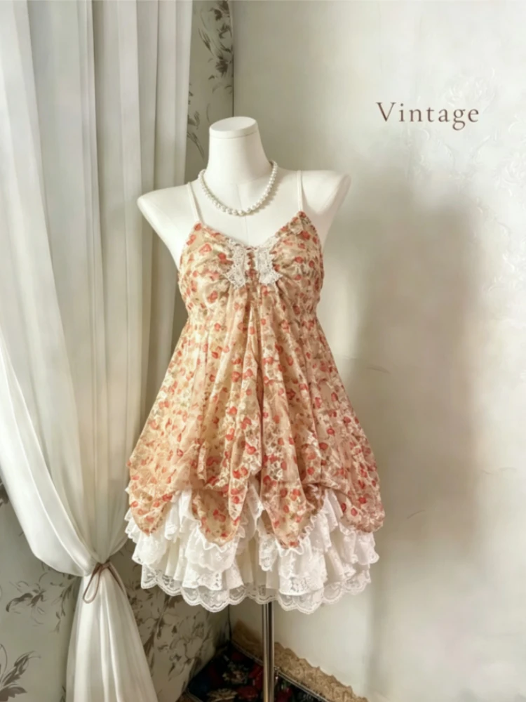 

Летнее винтажное мини-платье 2026 года для женщин, без рукавов, на бретельках, для вечеринок, вечернее, кружевное, ретро, в японском стиле Y2K, черное, шикарное, в стиле Лолита