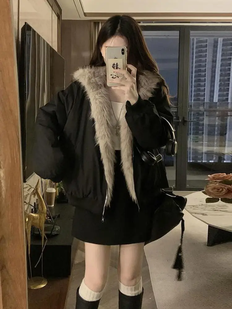 

Women Winter Black Beige Pink Patchwork Short Warm Fur Coat Korean Versatile Zipper Hooded Plus Velvet Thick Cotton Jacket Trend