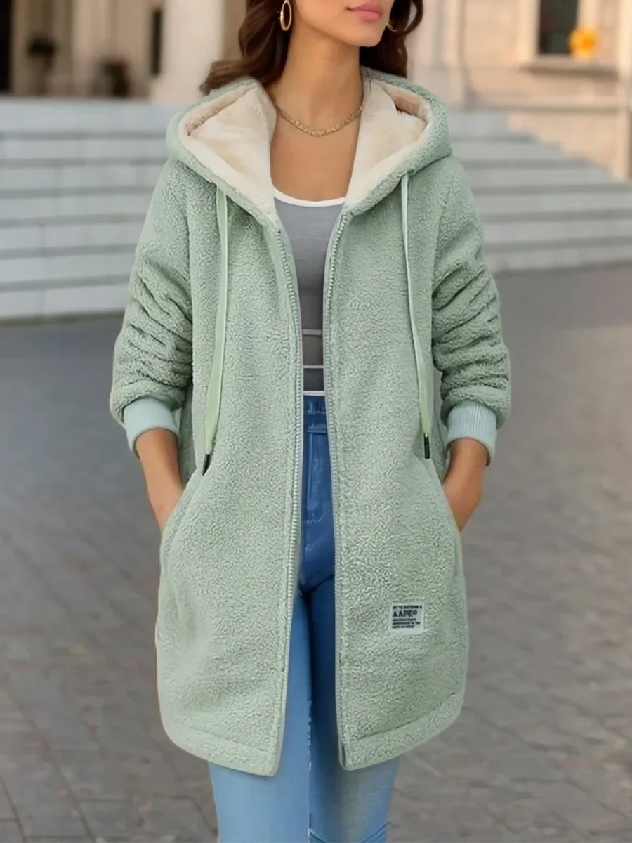 

Spring New Elegant Trendy Casual Ladies Clothes Spring Fluff Coats Khaki Hoodie Long Sleeve Loose Thick Warm Coat Female