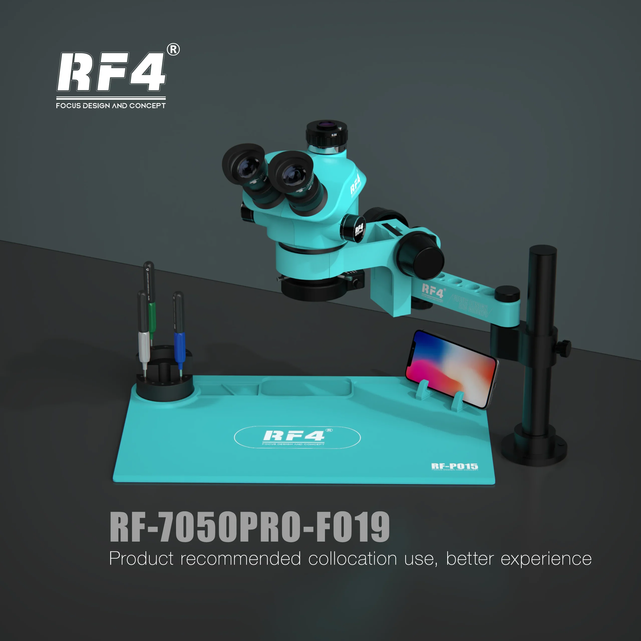 RF4 7-50X Trinocular Stereo Microscope 360 ° Rotation Articulating Arm Base PCB Repair Soldering Microscopio RF7050TVPRO-F019