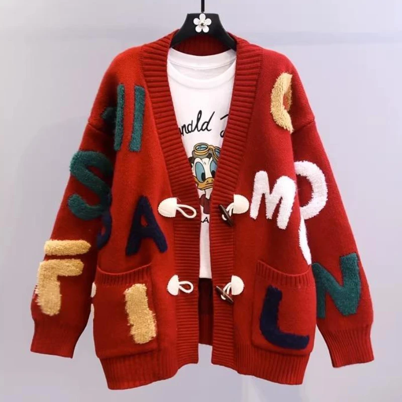 

V-neck Chain Loose Causal Sweater Female Solid Color Knitting Pullover TopWomen Fashion All-match Jumpers Outwear Autumn Winter