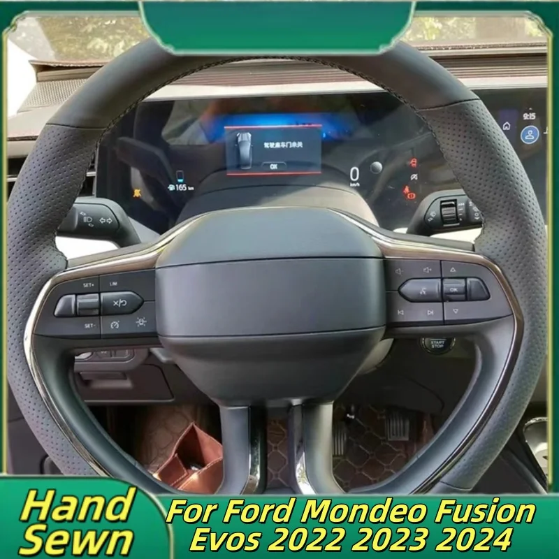 Car Steering Wheel Cover Hand-Sewn Genuine Leather For Ford Mondeo Fusion Evos 2022 2023 2024 Car Interior Accessories