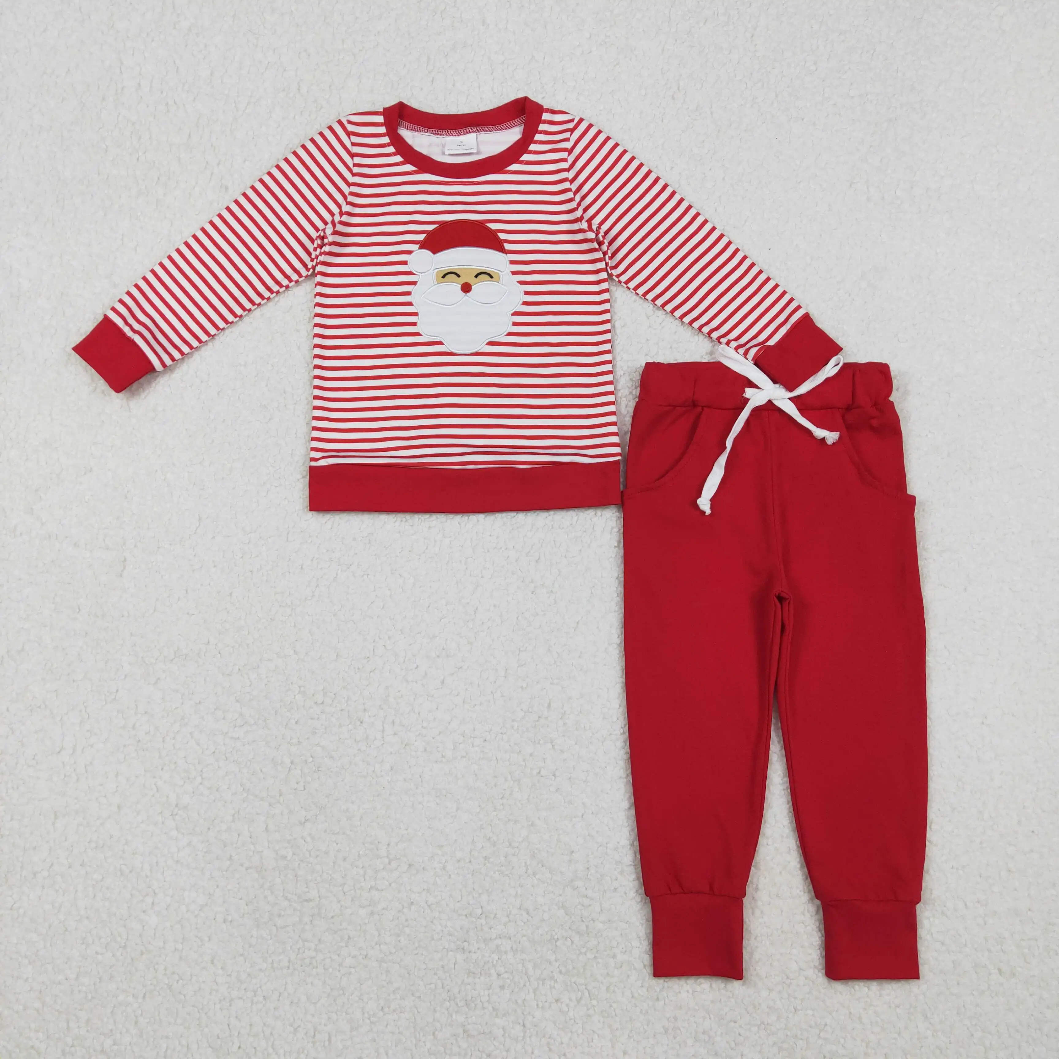 

Baby Boys Embroidery Santa Red Stripe Top with Pockets Christmas Jogger Pants Set Kids Holiday Outfit