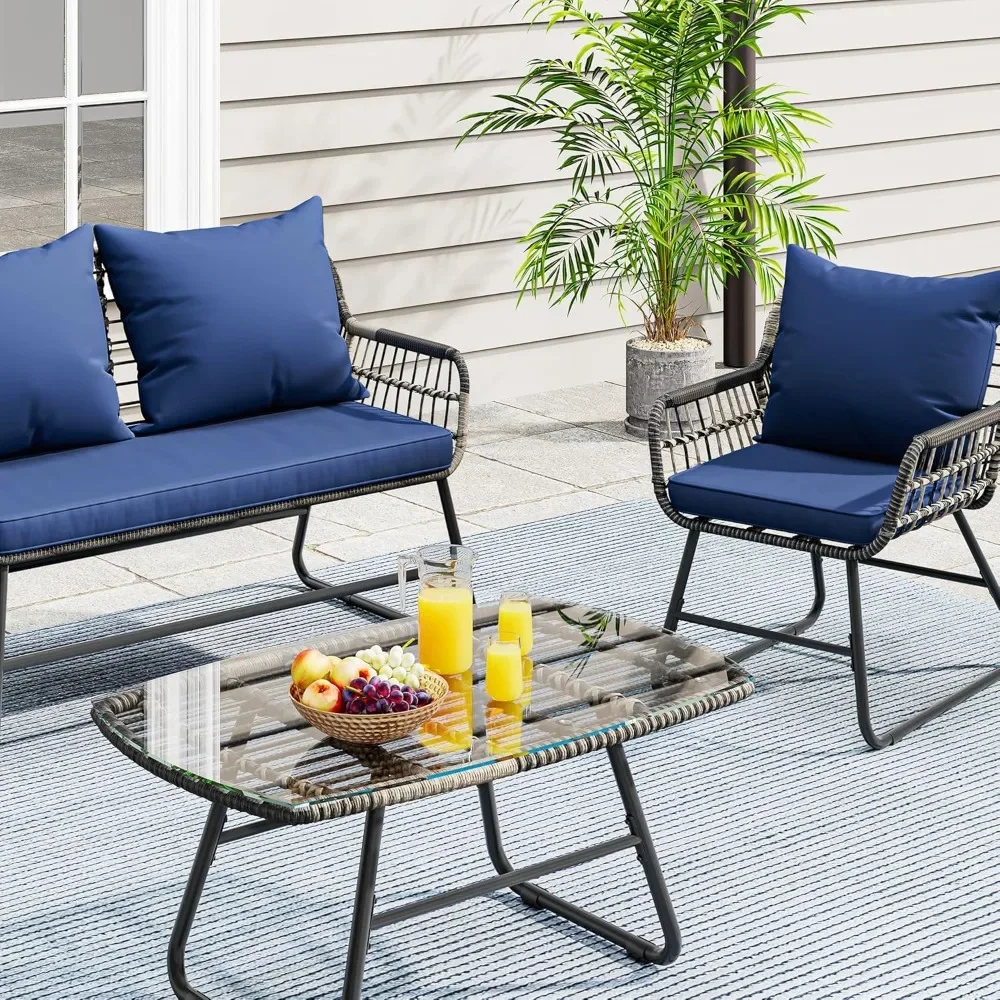 4-piece patio furniture wicker outdoor bistro set, rattan conversation two-seater armchair with upholstery, metal table