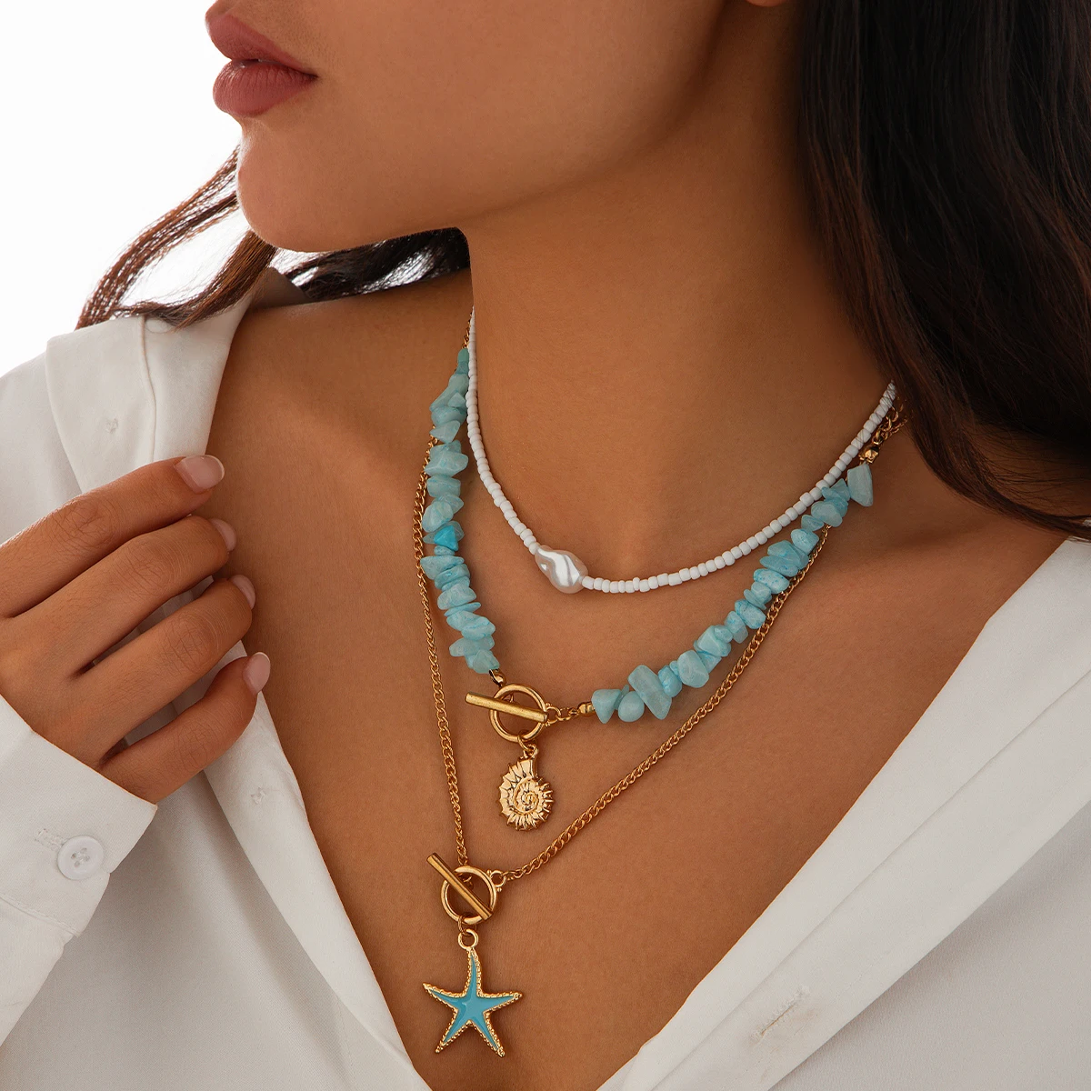 IngeSight.Z 3pcs/set Bohemian Conch Starfish Pendant Necklace for Women Trendy Rice Bead Link Chain Necklace Set Jewelry