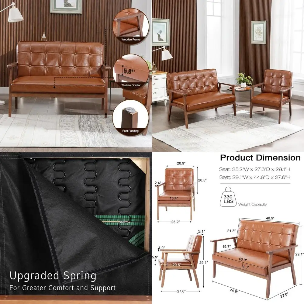 

Комплект из двухместного кожаного дивана и кресла с обивкой для небольших гостиных, коричневый