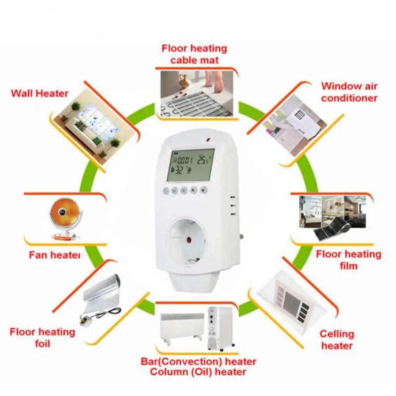 Programmable Electric Floor Heating Plug Remote Control Smart Heater Plug Tuya Lcd Light Display Wifi Thermostat Socket 16a