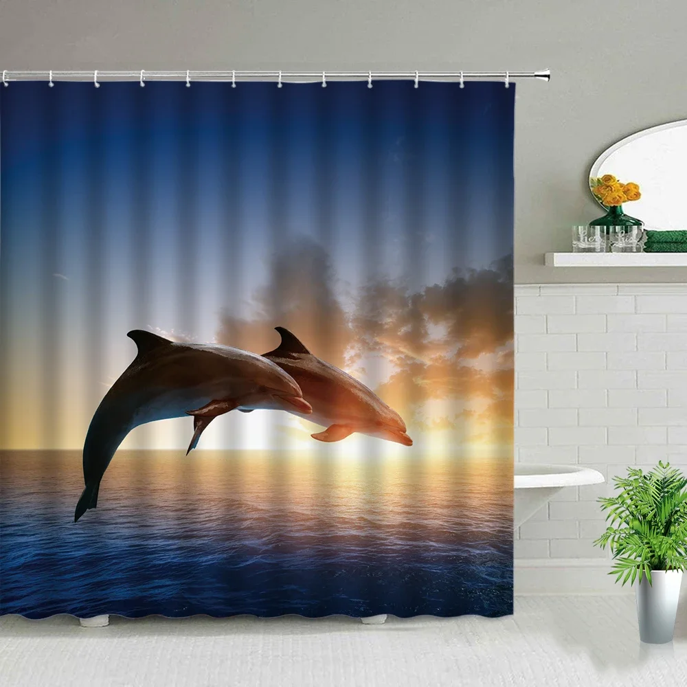 Funny Dolphin Shower Curtains Cute Ocean Animal Blue Seawater Sea Wave Scenery Bathroom Decor Cloth Hanging Curtain With Hooks