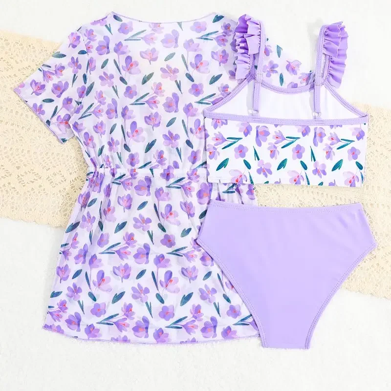 Conjuntos de bikini de 3 piezas para niña Traje de baño tankini para niños Trajes de baño de bikini triangular hawaiano con falda cubierta Estampado floral