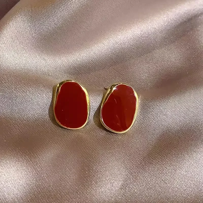 Wine Red Color Bean Irregular Geometry Stud Earring for Women Korean Style Jewelry Brincos Wedding Girl Gift
