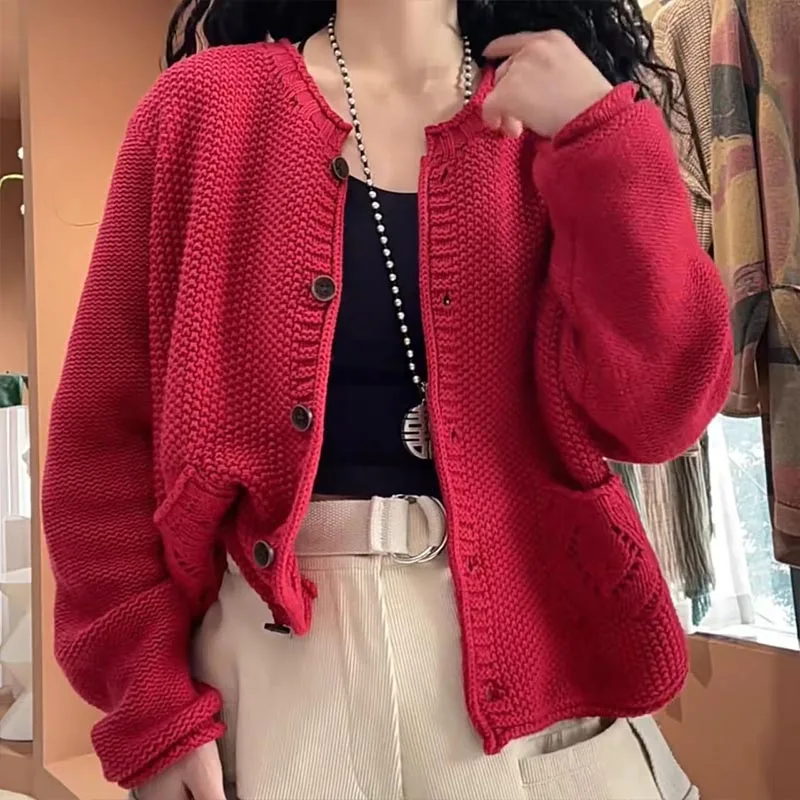 

Женская одежда, повседневный универсальный однотонный вязаный кардиган, осень-зима, новая мода, однобортные свитера с карманами, офисные женские топы