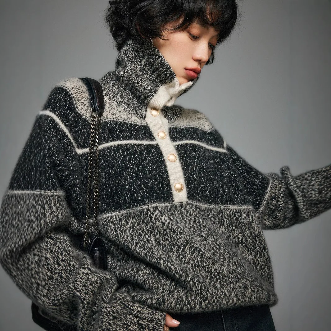 100% кашемир, универсальный французский воротник с акцентом, серый цвет, контрастный свитер, вязаный свитер