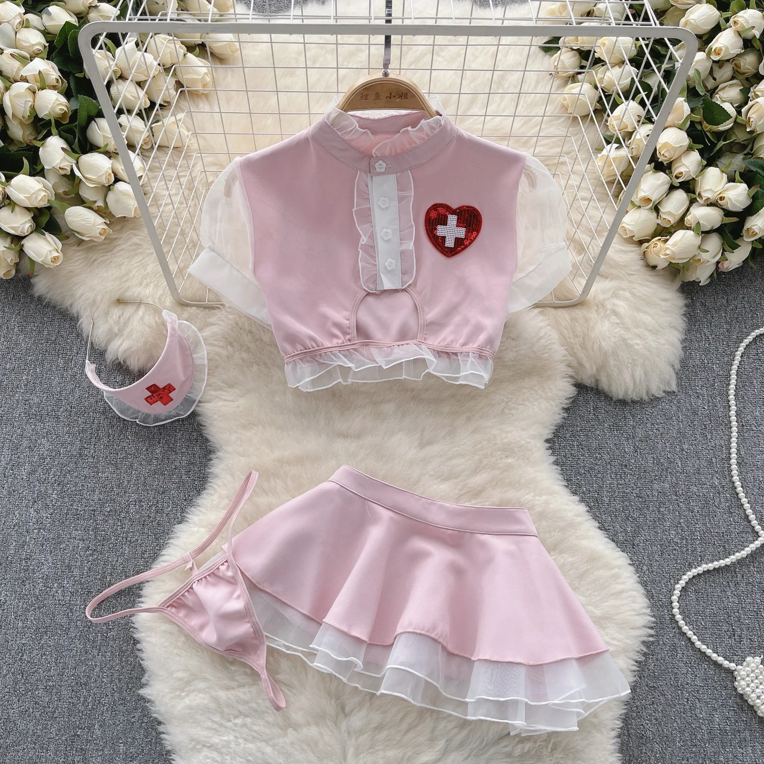 

Pink Sexy Cosplay Nurse Uniform Ruffled Bubble Sleeve Crop Top Hotsweet Girl Cute Two Layer Mini Skirt 2-piece Set Women Clothes