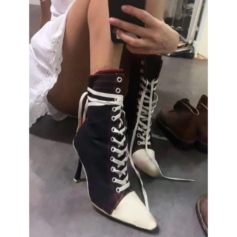 Denim Patchwork Cross Tied Sports Ankle Boots Pointy Toe Shoes for Women Thin High Heel New Style Shoes 2023 Zapatos Para Mujere