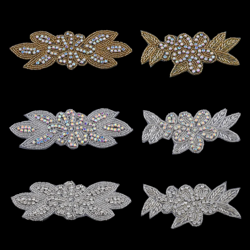 10PC Handmade Bling Beaded AB Rhinestone Applique Sew On Manual Flatback Crystal Flower Cloth Applique for Dresses Craft