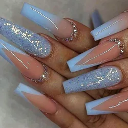 24Pcs Glitter Blue unghie finte lunghe balletto unghie finte con strass indossabile French Press on Nails punte indossabili per Nail Art