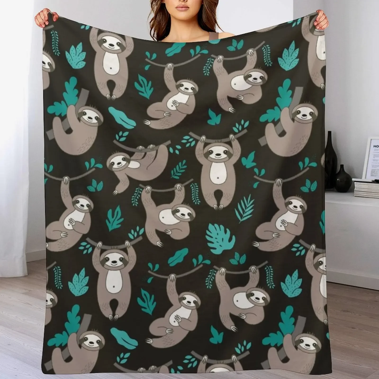 

Lazy Sloths on Black Background Throw Blanket Soft Plush Plaid Summer Beddings Comforter Decorative Throw Blankets