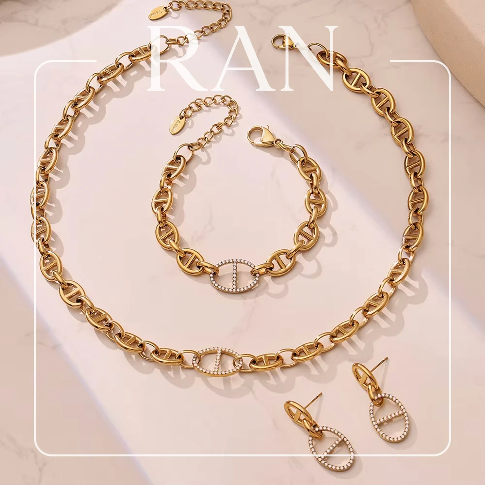 Stainless Steel Mariner Link Choker Necklace 18K Gold Plated Inlaid Zircon Pig Nose Chain Necklaces No Tarnish Statement Jewelry