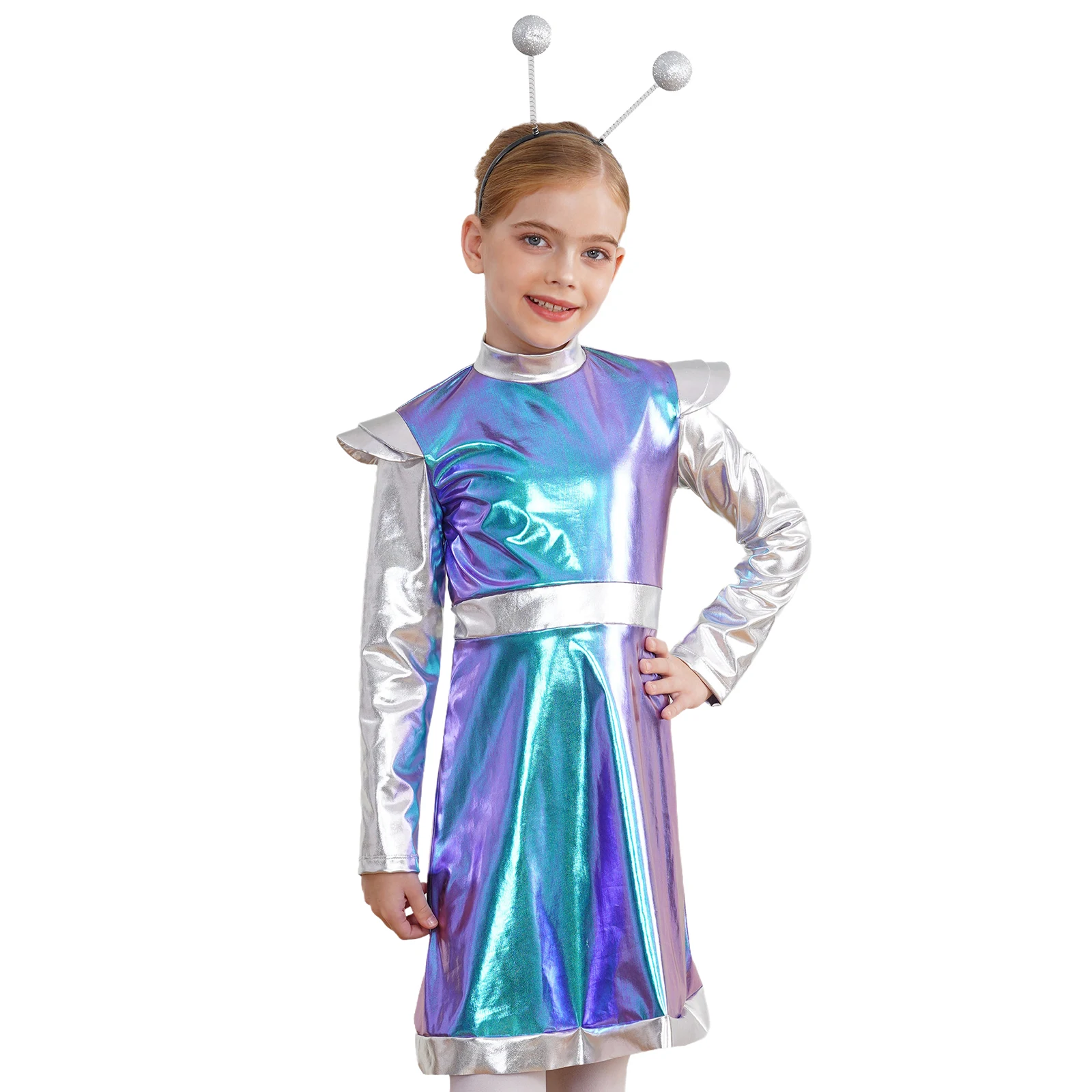 Girls Alien Costume Outer Space Cutie Holographic Long Sleeve Dresses Halloween Themed Party Extraterrestrials Cosplay Dress Up