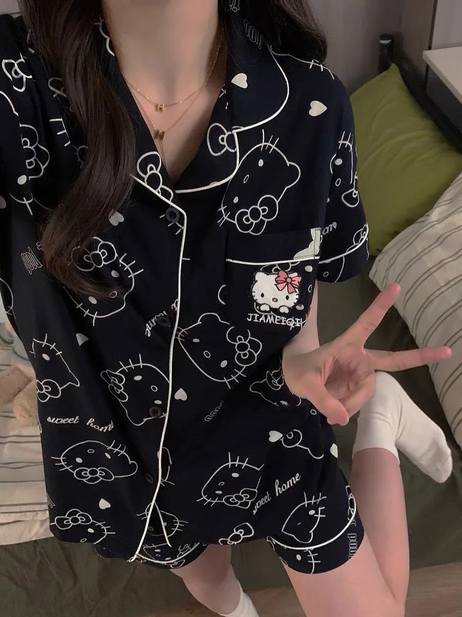 

Sanrio Hello Kitty Pajamas Set Summer Anime Woman's Household Clothes Sweet Cute Pajamas Cartoon Student Nightshirt Girl Gift