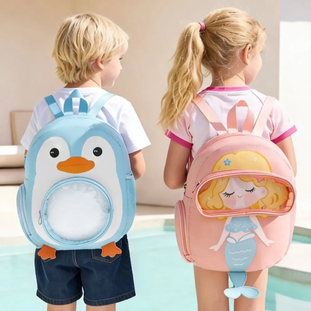 Cartoon Print Swimming Backpack Large Capacity Transparent Window Sports Backpack Dry Wet Separation Carry Loop