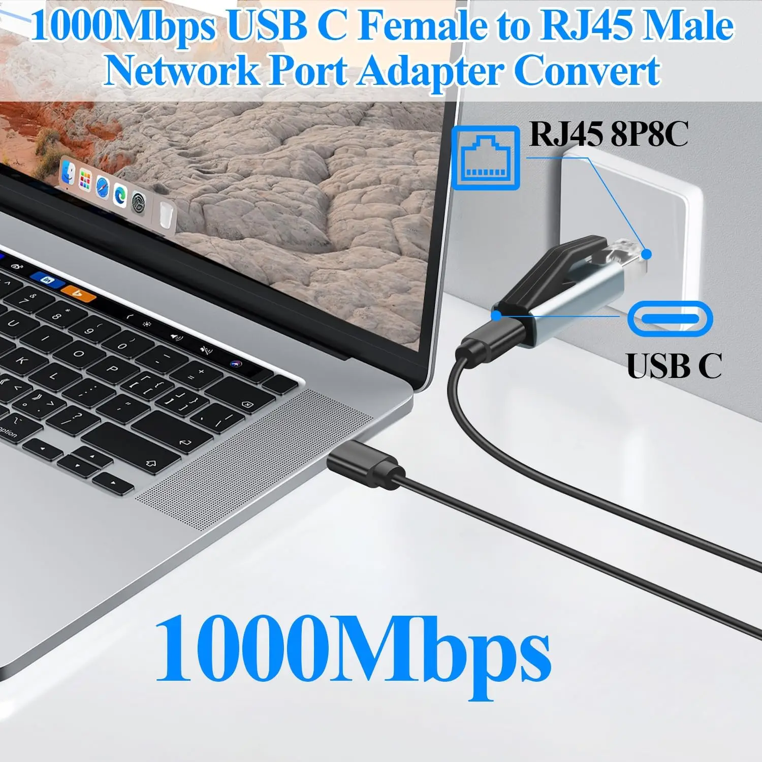 USB Type C Female to RJ45 Male Ethernet Connector Network Card Port Conversion, Al Alloy Casing, for Laptop Switche Router