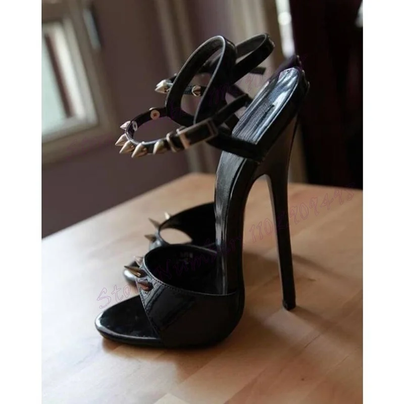 

Black Rivet Decor Ankle Strap Sandals Open Toe Shoes for Women Stilettos High Heels Sexy Lady Shoes 2024 Zapatos Para Mujere