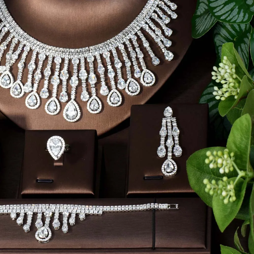 HIBRIDE جديد دفع ديلوكس شرابة كبيرة دمعة قلادة مجموعة مجوهرات الزفاف حفلة عطلة حفلة هدية نيجيريا اكسسوارات S-312 #3