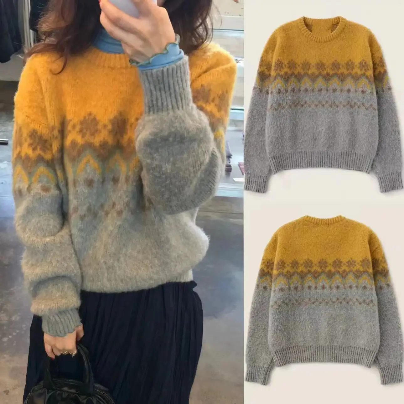 

Sienne Nordic Sle Fair Isle Вязаный свитер в стиле ретро Цвет Blo round Ne Повседневный свободный крой для поездок на работу Осень 2024 Трикотаж