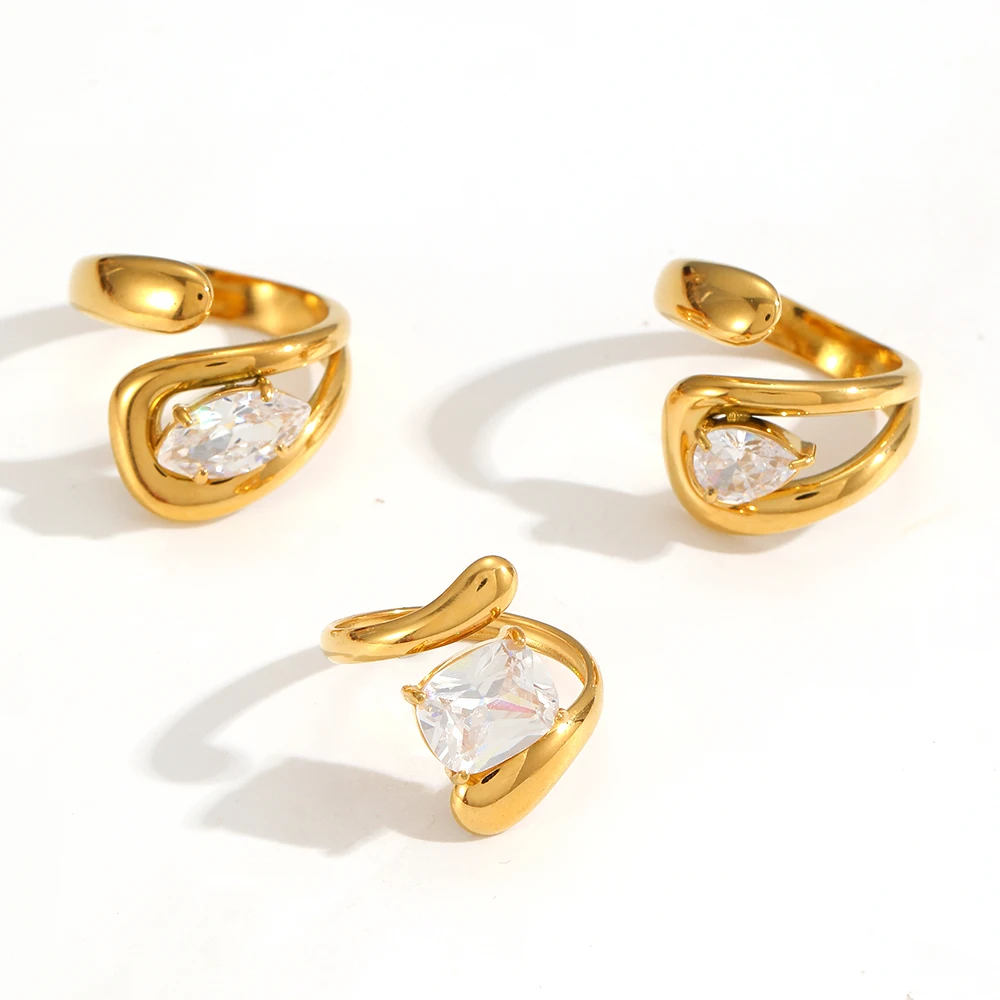Modische Edelstahlringe mit eingelegten, tropfenförmigen großen Zirkonen für Damen, hochwertige Schmuck-Eheringe – Detail 4