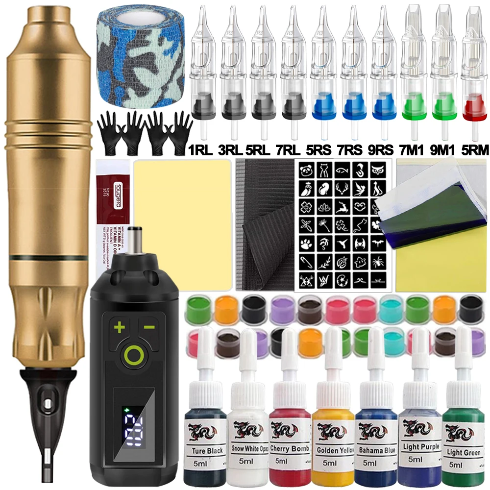 Tattoo Machine Kit Tattoo Pen Machine Set met draadloze voeding Tattoo Cartridge Naalden Inkten voor Tattoo Beginner
