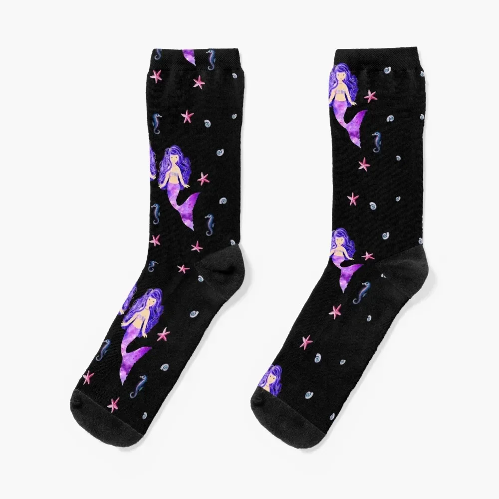 Cute Purple Hair Mermaid with Starfishes Socks japanese fashion Stockings anti-slip Designer Man Socks Women's