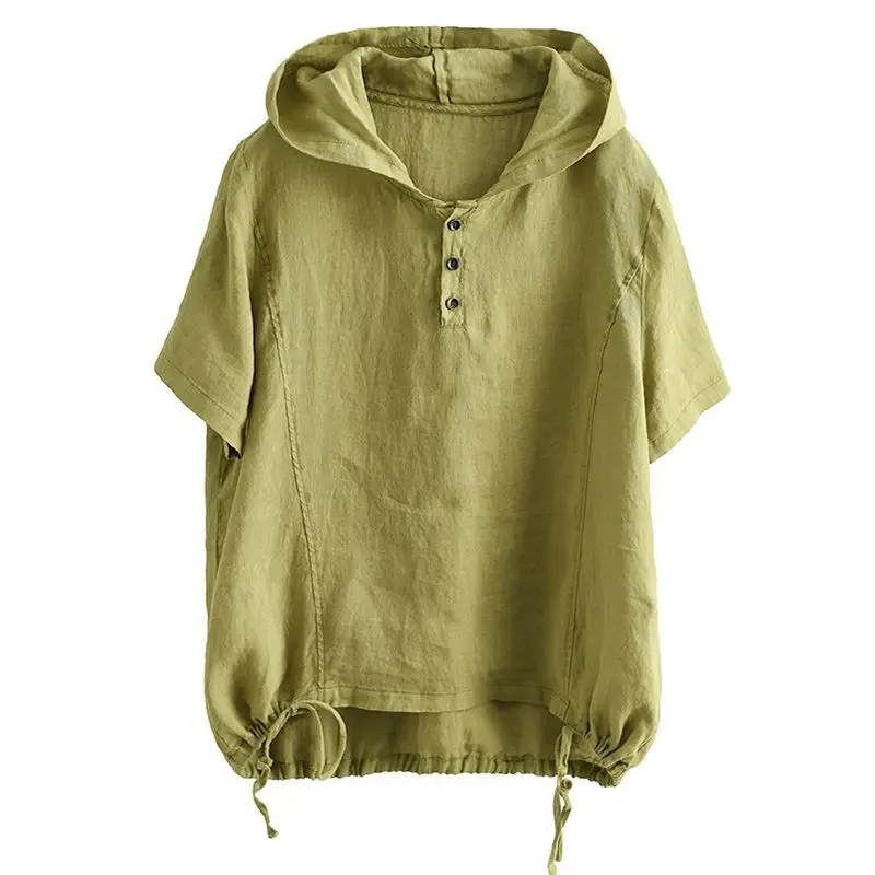 Cotton Linen T Shirts Women Casual Vintage Hooded T-Shirt V-Neck Solid Loose Oversized Short Sleeve Top Summer Trend Thin Tshirt