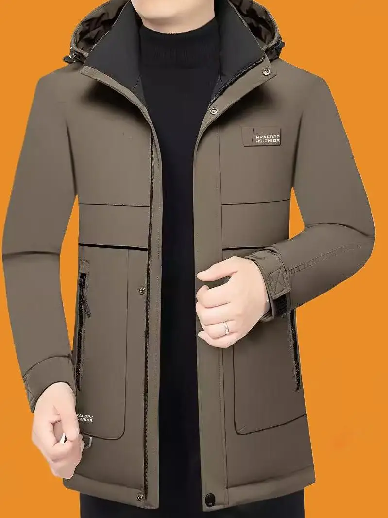 

Winter New Pure Color Cotton Jaet Men Sli Simple Mid-aged Dad Thiened Windproof Hooded Warm Trendy Coat
