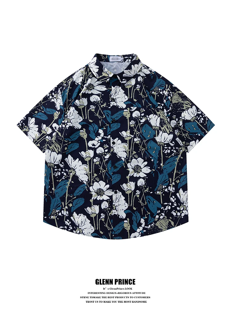 

GPstudio American Street Graffiti Floral Short Sleeve Casual Shirt Men Summer Vacation Leisure Half Sleeve Flower Shirt