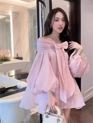 Lolita Sweet Bow Black Pink Red Super Mini Dress Small Girl Sexy Off Shoulder Loose Dress Lantern Sleeve Strapless Party Dress