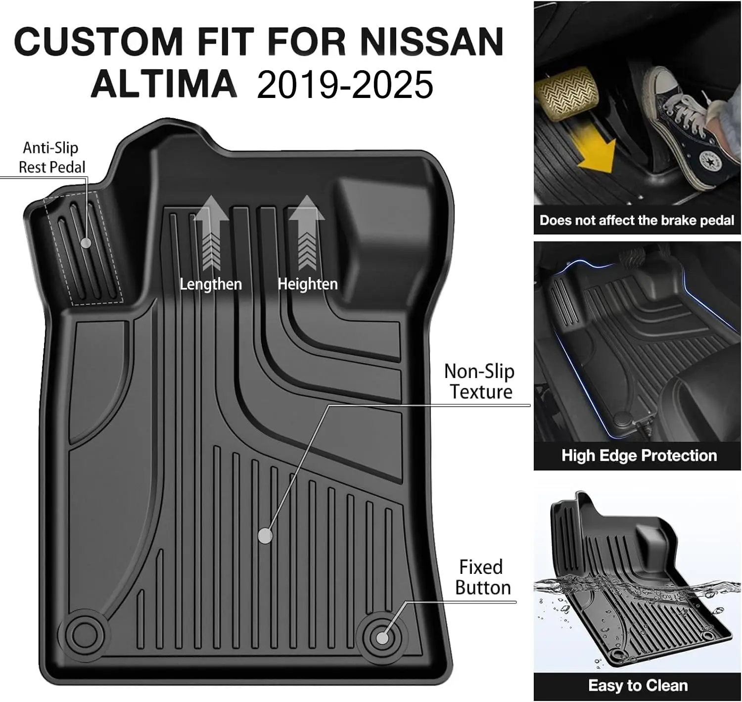 سجادات أرضية للسيارات لنيسان ألتيما 2019-2025، سجادات أرضية سيارة شديدة التحمل TPE لجميع الأحوال الجوية، سجادات سيارة مضادة للانزلاق، أسود