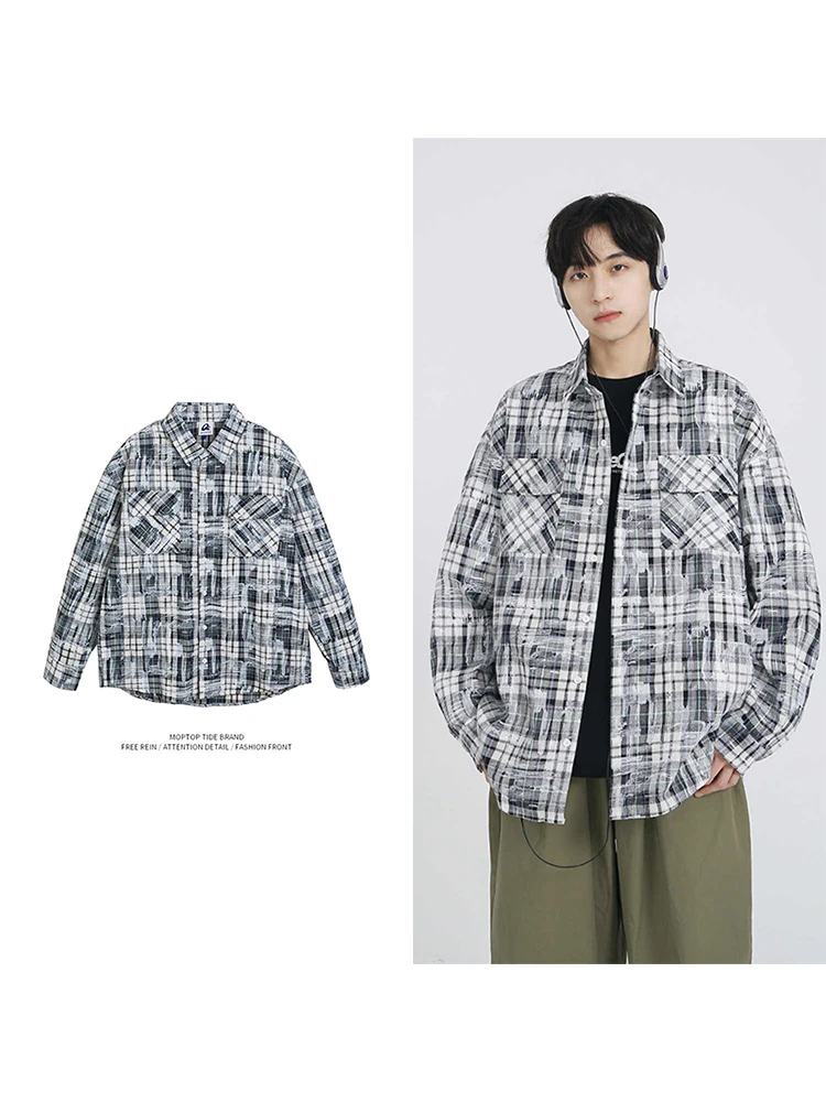 

Mr. WH, весна 2024, новинка fiti, клетчатая свободная повседневная одежда irt ex Long Sve, полиэфирное волокно, молодежная мода, универсальная версия Four Seasons