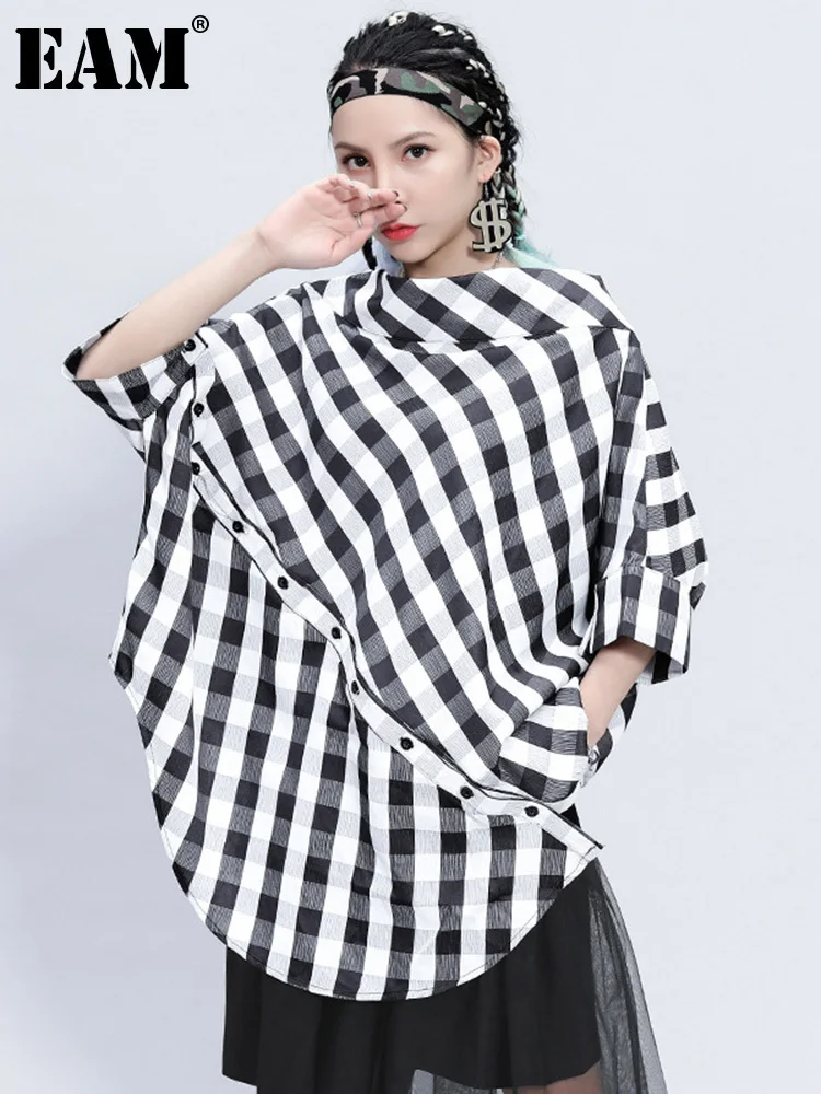 [EAM] Women Black Irregular Plaid Big Size Blouse New Slash Neck Batwing Sleeve Loose Shirt Fashion Spring Autumn 2024 1DF4744