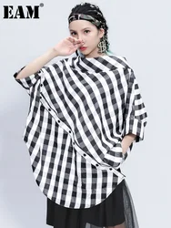 [EAM] Women Black Irregular Plaid Big Size Blouse New Slash Neck Batwing Sleeve Loose Shirt Fashion Spring Autumn 2024 1DF4744