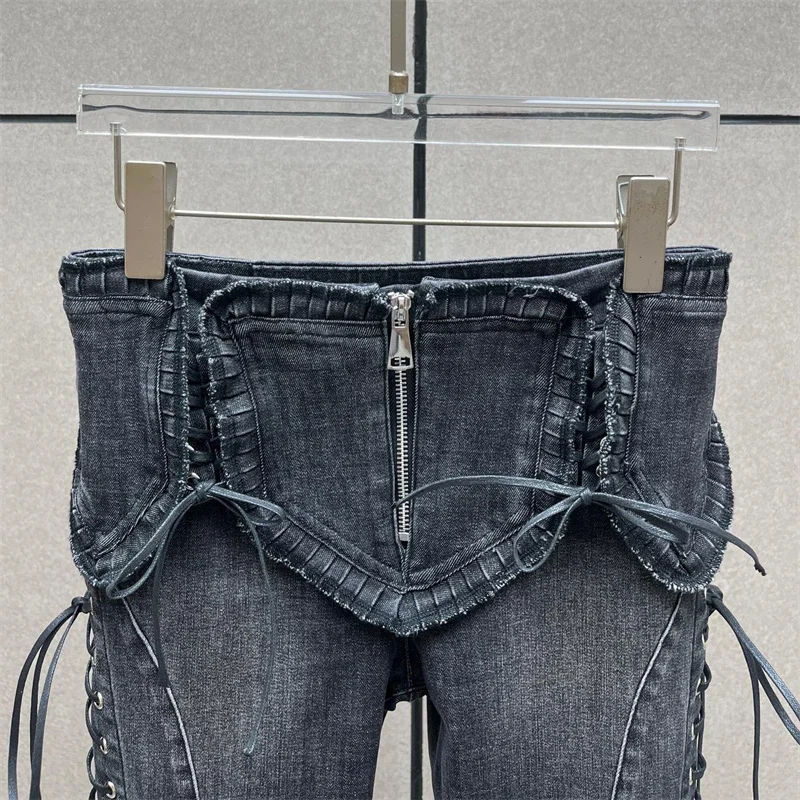 여성용 청바지 2025 겨울 신상 레이스업 슬림핏 플레어 팬츠 로우 웨이스트 여성 바지 순면 롱 팬츠 y2k 데님 팬츠