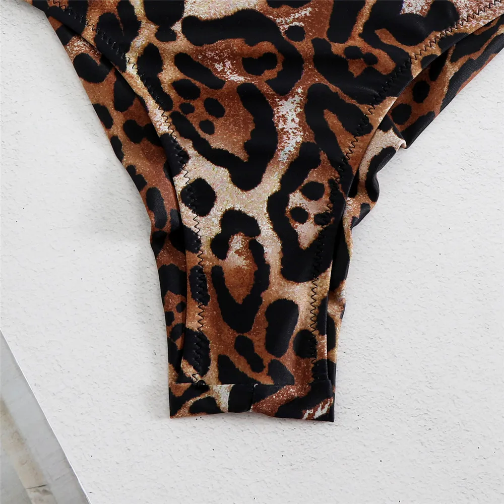 Bikini con estampado de leopardo para Mujer, traje de baño de cintura alta con realce, Sexy, fruncido, brasileño, 2024