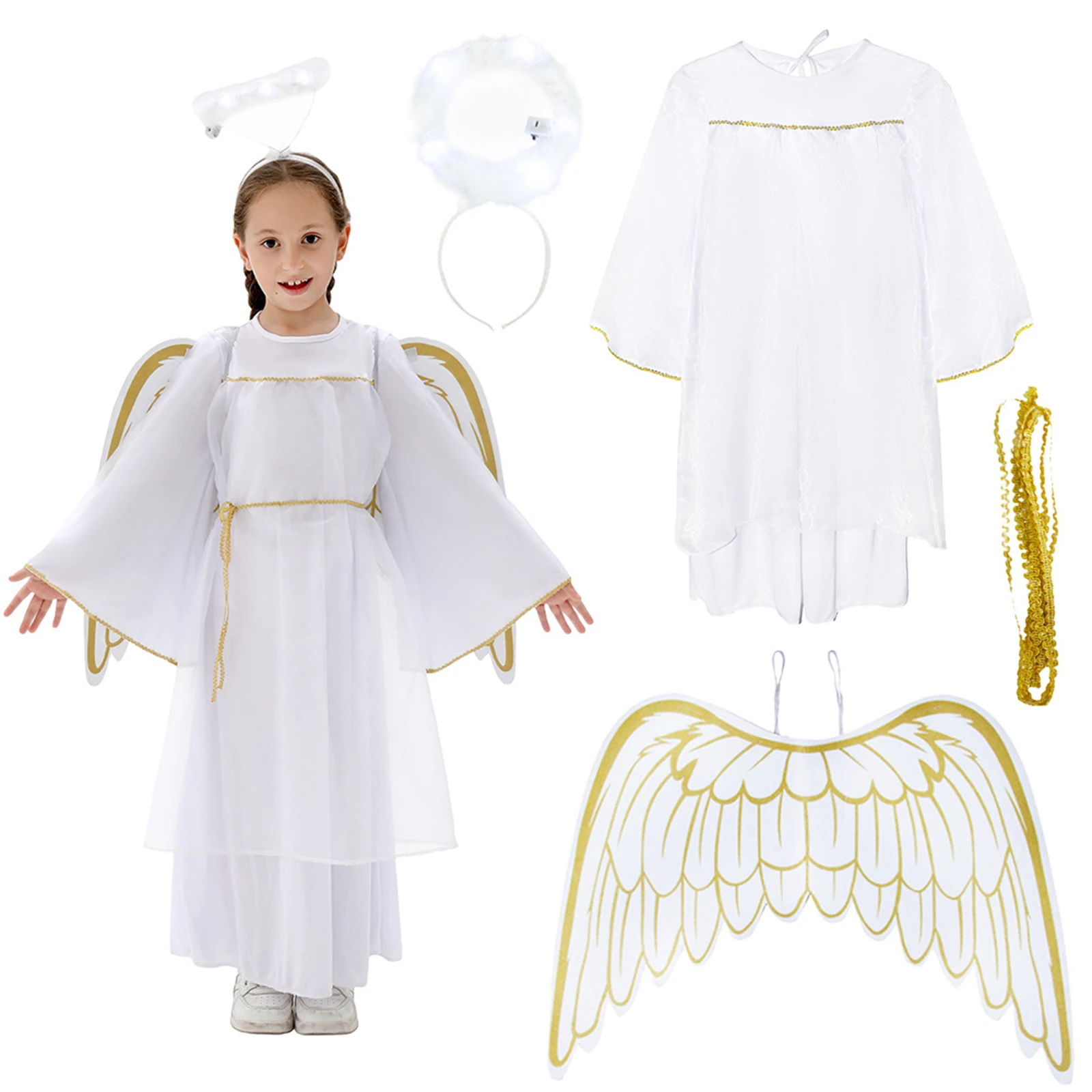 

Angel Cosplay Boys Girls Costume White Dress with Wing Headwear School Stage Performance Outfit for Halloween Theme Party