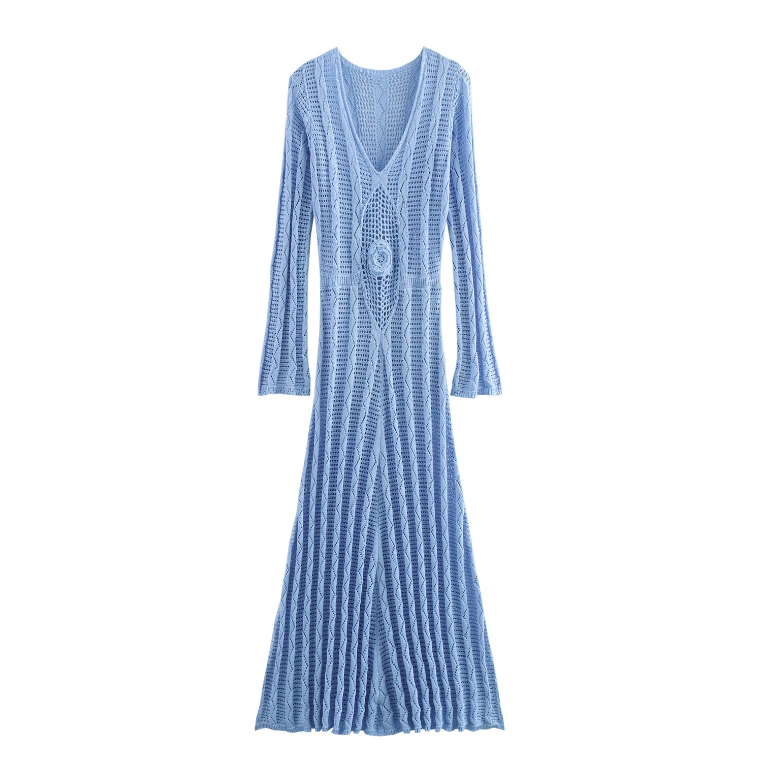 Europäischer und amerikanischer Stil, Sommermode, neues Damenkleid, temperamentvoll, schmal geschnitten und figurformend, V-Ausschnitt, langärmlig, Strickkleid