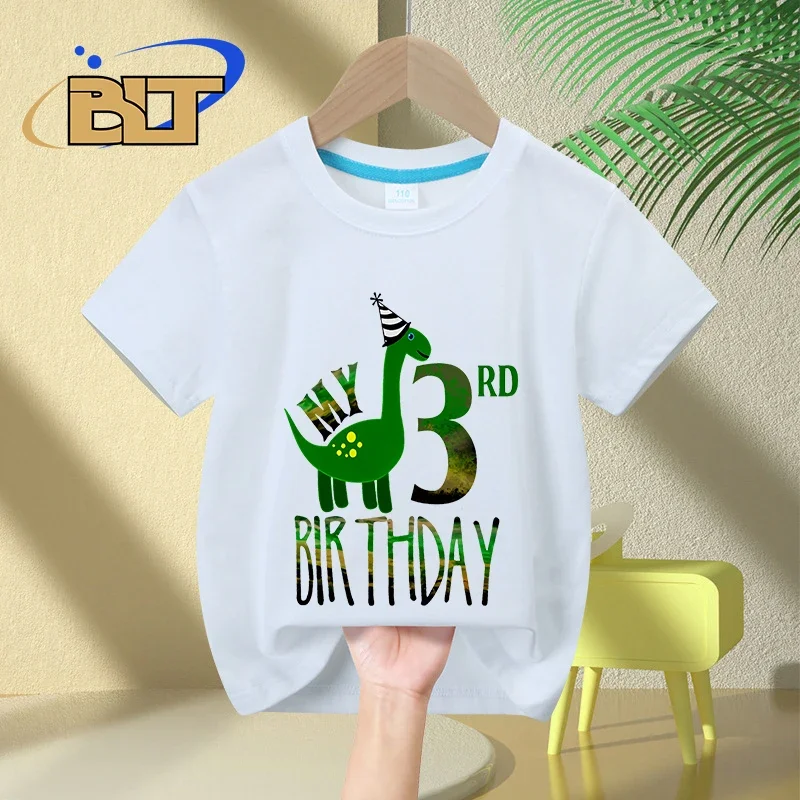 T-shirt de manga curta para crianças, top de algodão, casual, dinossauro, para aniversário, verão, 3 anos