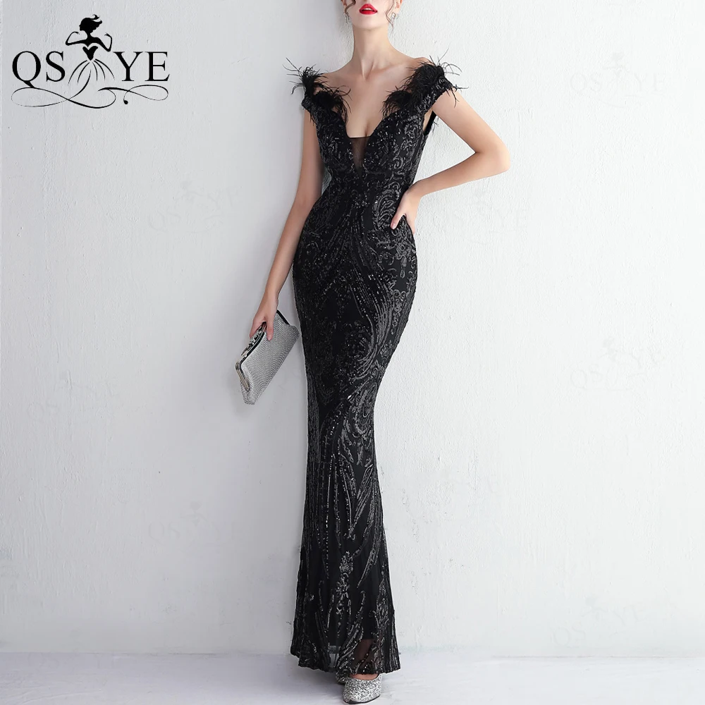 

Appliques Black Evening Dresses Ostrich hair Shoulder Straps Long Prom Gown Pattern Sequin Lace Mermaid Feathers Party Gown Chic